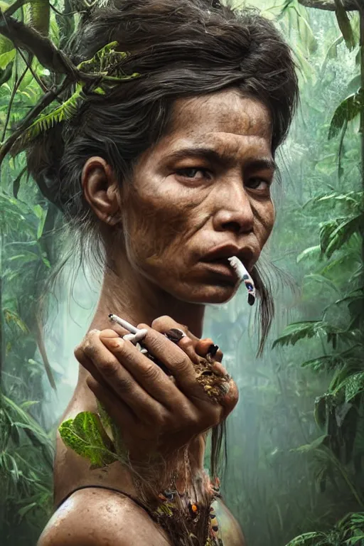 Prompt: a beautiful portrait of an ashaninka woman taking tobacco snuff in the jungle, hyper realistic face, fantasy art, in the style of greg rutkowski, intricate, matte painting, hyper detailed, smooth