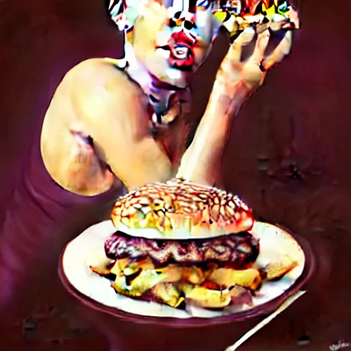 Image similar to Miley Cyrus eating a mcdonald's big mac hamburger, dripping BBQ Sauce, serving burgers, intricate, elegant, feminine ethereal, sacred geometry, fractal french fries, magical mystical, highly detailed, digital painting, artstation, concept art, matte, sharp focus, hyperreal, art by Artgerm and Greg Rutkowski and Alphonse Mucha