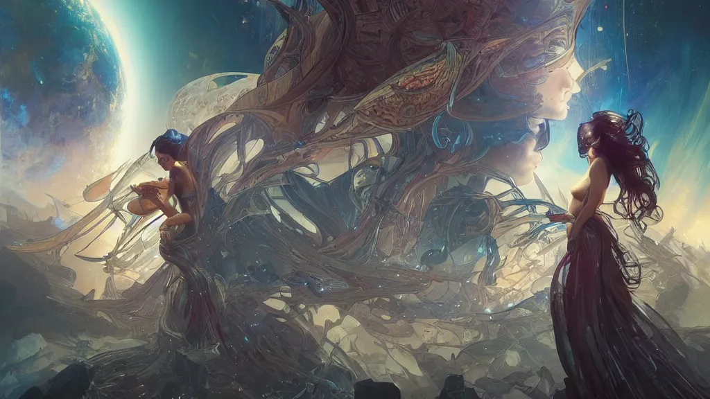 Image similar to two planets collision in a dark matter explosion, cyberpunk dark fantasy, art by artgerm and karol bak and moebius and alphonse mucha and greg rutkowski, hyperdetailed, ultrarealistic, octane render