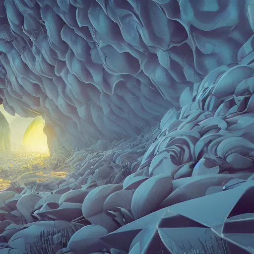 Image similar to an epic flowering alien landscape in the style of origami, 8 k, cinematic light, artstation