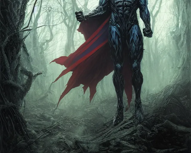 Image similar to 5 5 mm portrait photo of a demonic undead superman in a magical forest. magical atmosphere. art by greg rutkowski and luis royo. highly detailed 8 k. intricate. lifelike. soft light. nikon d 8 5 0.