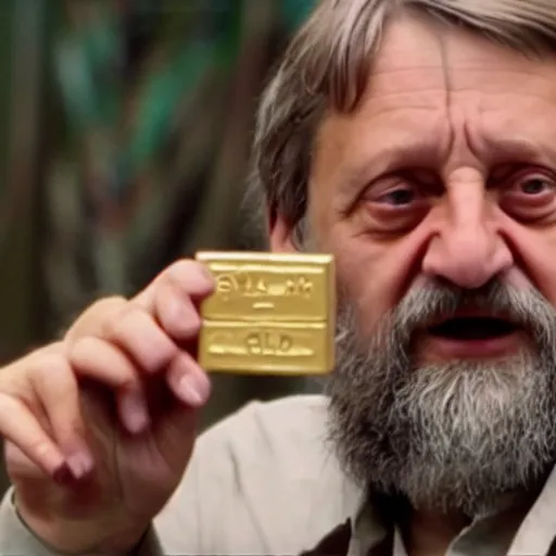 Image similar to film still of slavoj zizek holding a gold brick in the road to el dorado