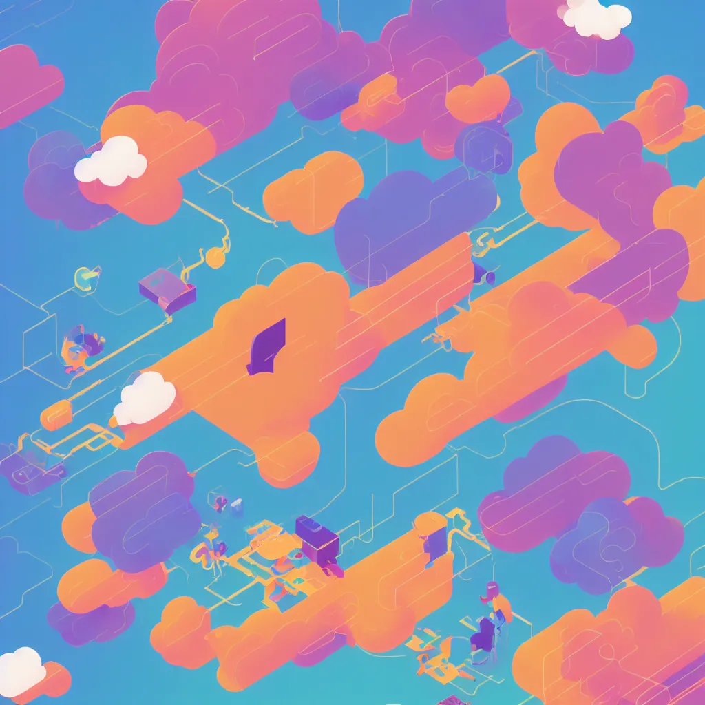 Image similar to a simple micro-service deployed to a public cloud, security, attack vector, trending on Artstation, painting by Jules Julien, Leslie David and Lisa Frank, muted colors with minimalism