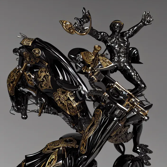 Image similar to fine art statue of black egyptian man on a surrealist motorbike motorcycle, ebony art deco, carved black marble, inlaid with ebony and gold accents, ebony rococo, wings black lace wear, spider zero, zaha hadid, beautifully lit, hyper detailed, octane render, intricate, elite, ornate, photorealistic, micro details, 3 d sculpture, ray trace