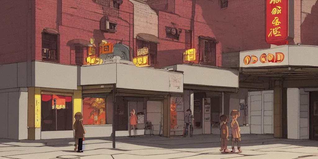 Image similar to loitering outside the old cinema, evening, hayao miyazaki, artstation