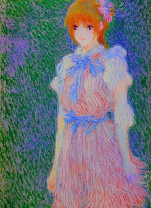 Image similar to a girl wearing thrifty clothing, very anime, trending artwork, 4 k, anime painter studio, an impressionist style by claude monet