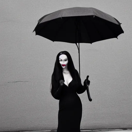 Image similar to morticia addams holding an parasol during a [ humid, rainy day ] as she saunters across the city, trending on artstation, 4 k photorealism, unsplash contest winner, shot by jimmy nelson