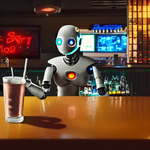 Image similar to a robot is at the sports bar and orders a drink from a cyberpunk (TY beanie baby puppy dog), 8k, ultrarealistic, cgsociety, old master.