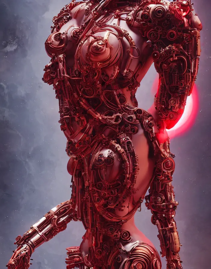 Image similar to portrait, antique marble statue venus, super hero pose, red biomechanical dress, inflateble shapes, wearing epic bionic cyborg implants, masterpiece, intricate, biopunk futuristic wardrobe, highly detailed, art by akira, mike mignola, artstation, concept art, background galaxy, cyberpunk, octane render