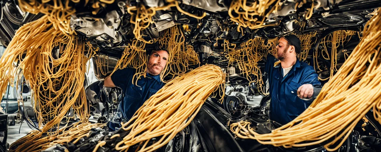 Image similar to a mechanic working on a car, with an engine made of spaghetti, facial expression, canon 5 0 mm, cinematic lighting, photography, retro, film, kodachrome, closeup