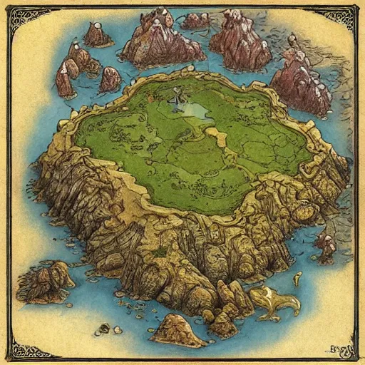 Image similar to an isometric fantasy map, the land of Odrua, uncluttered, bordered by ocean, continent with mountains lakes hills and cities, by brian froud by jrr tolkien in the dungeons and dragons and disney styles