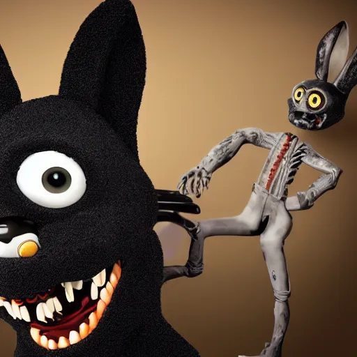 Prompt: A extremely highly detailed majestic hi-res beautiful, highly detailed head and shoulders portrait of a scary terrifying, horrifying, creepy black cartoon rabbit animatronic with scary big eyes, laughing and standing up wearing pants and a shirt in the style of Walt Disney