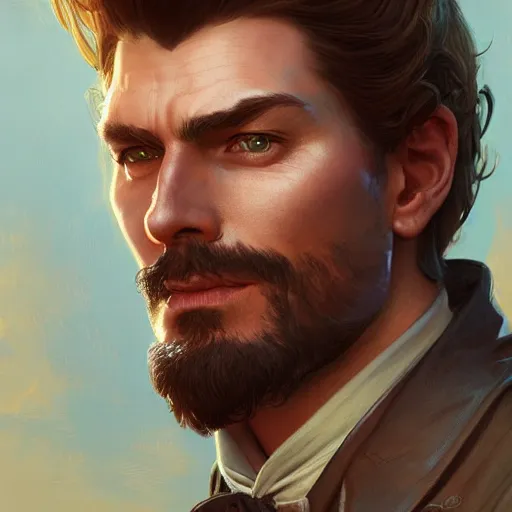 Image similar to Three quarters portrait of a gunslinger gentleman, highly detailed, digital painting, art by Stanley Lau and Artgerm and magali villeneuve and Alphonse Mucha, artstation, octane render, cgsociety