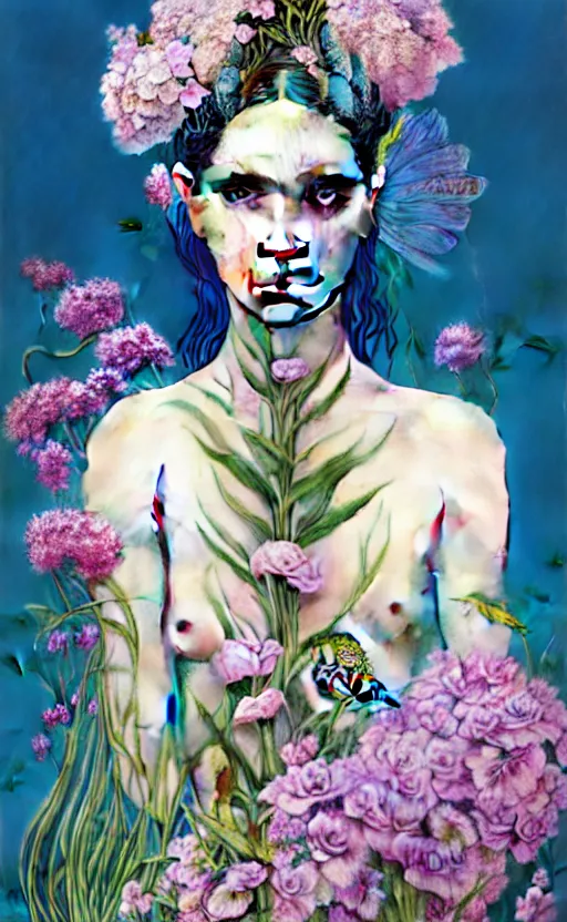 Image similar to the non-binary deity of Spring, 1 figure only, looks a blend of Grimes, Lana Del Rey, Aurora Aksnes, and Zoë Kravitz, it is made entirely out of flora and fauna, in a style combining Botticelli, Möbius and Æon Flux, surrealism, stunningly detailed artwork, hyper photorealistic 4K, stunning gradient colors, very fine inking lines