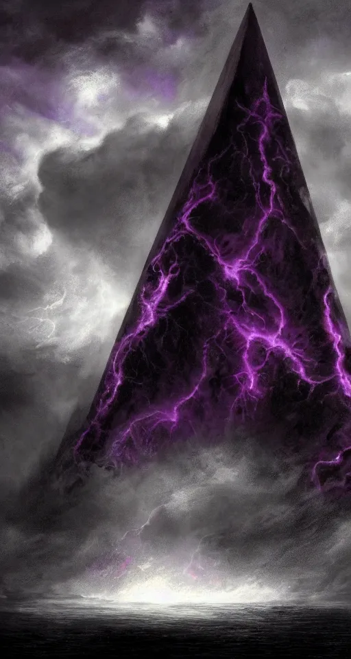 Image similar to black lovecraftian eldritch!! obsidian pyramid!! on a snowy island surrounded by raging stormy seas, purple light, with a large shadow of a creature in the background by eugene von guerard, ivan shishkin, night, red lightning!!, storm!, dramatic lighting, concept art, trending on artstation, 8 k