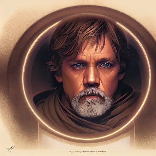 Image similar to luke skywalker grand master jedi from legends books, with the logo of star wars above him little eyes, jedi from star wars, intricate detailed face, artgerm, greg rutkowski, alphonse mucha