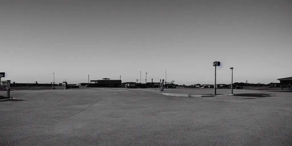 Image similar to a lonely port byron travel plaza in the middle of no where, sunset, eerie vibe, leica, 2 4 mm lens, 3 5 mm kodak film, directed by charlie kaufman, f / 2 2, anamorphic