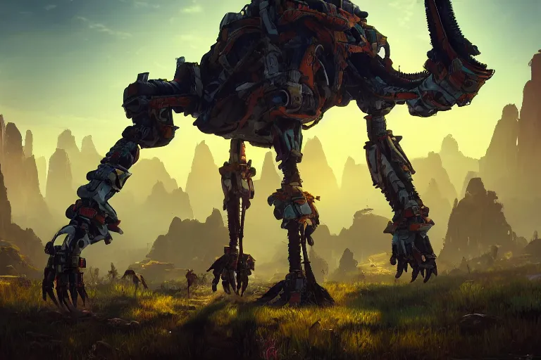 Image similar to tallneck machine mecanical creature robot of horizon forbidden west horizon zero dawn bioluminiscence global illumination ray tracing hdr fanart arstation by ian pesty and alena aenami artworks in 4 k