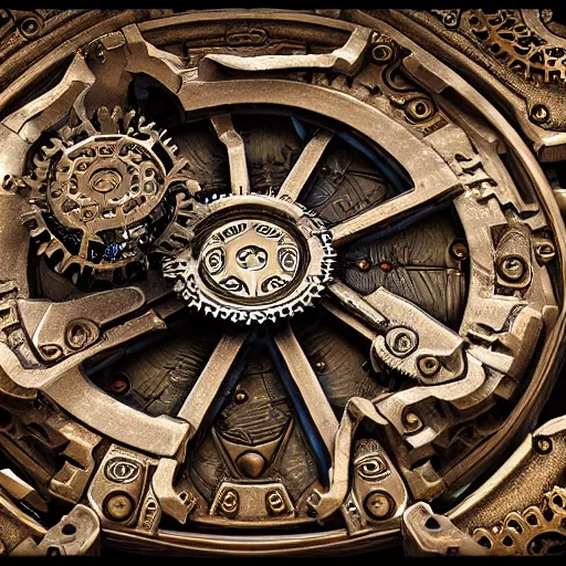 Image similar to A steampunk ornate made of engraved full plate armor and gears with a styracosaur head at the center, Macro shot by Justin Gerard, unreal engine, physically based rendering