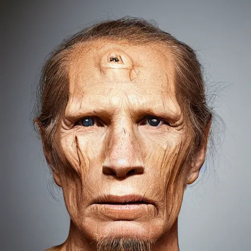 Image similar to portrait of wood - human hybrid, head and shoulders shot, by annie leibovitz, portrait of a man, studio lighting