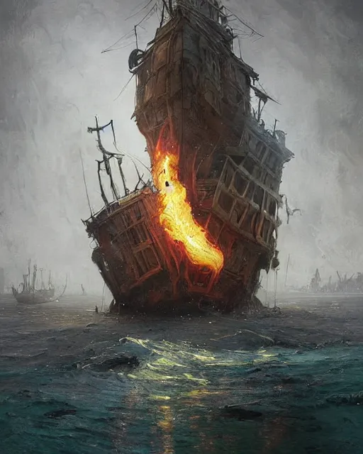 Image similar to a highly detailed epic cinematic concept art CG render digital painting artwork: Pirate ghost ship on fire. By Greg Rutkowski, in the style of Francis Bacon and Syd Mead and Norman Rockwell and Beksinski, open ceiling, highly detailed, painted by Francis Bacon and Edward Hopper, painted by James Gilleard, surrealism, airbrush, Ilya Kuvshinov, WLOP, Stanley Artgerm, very coherent, triadic color scheme, art by Takato Yamamoto and James Jean