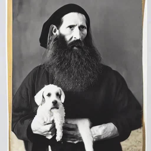 Prompt: photo of breton monks looking like rasputin with with athos monks on athos, with a dog