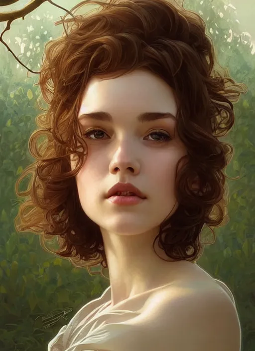 Prompt: a woman with short wavy hair, round face, cottagecore!!, river, trees, intricate, elegant, highly detailed, digital painting, artstation, concept art, smooth, sharp focus, illustration, art by artgerm and greg rutkowski and alphonse mucha