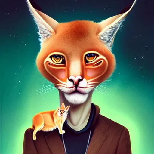 Prompt: Portrait of Ryan Gosling holding cute caracal in hands, Funny cartoonish by Gediminas Pranckevicius