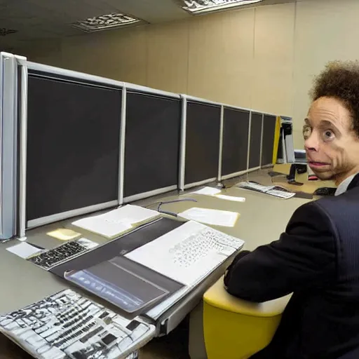 Prompt: malcolm gladwell working in a cubicle