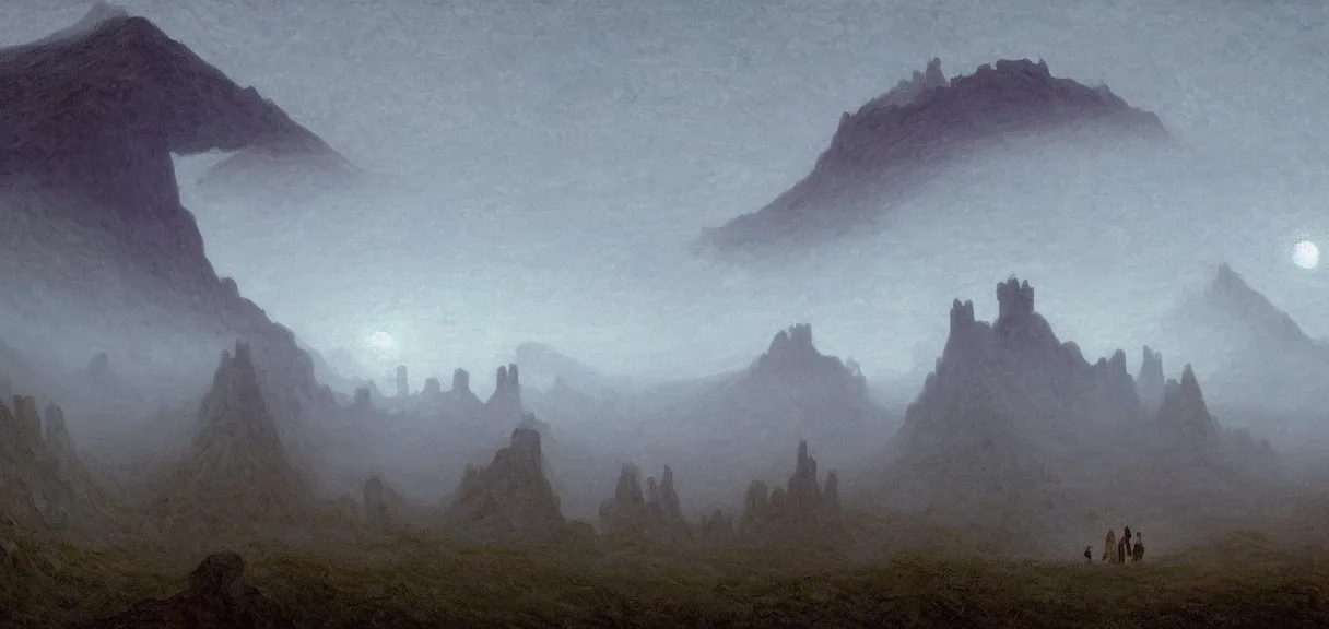 Prompt: A Spiritual landscape by the ancient masters, the sky is dark, the world is covered with fog, and two figures can be seen standing in the midst of it. The background is completely covered with an endless series of mountains and towers, with only their tops standing out from the fog by Simon Stålenhag and Claude Monet.