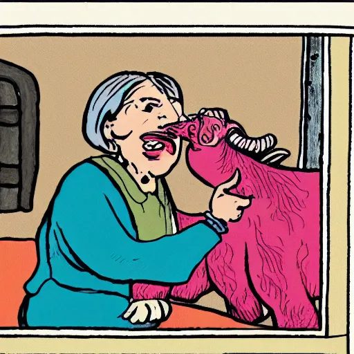 Prompt: an illustration of an old woman easily swallowing a whole goat