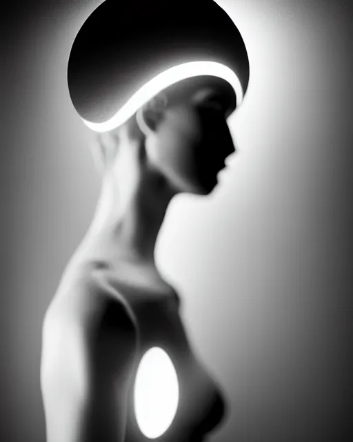 Image similar to black and white high quality photo of a beautiful female vegetal-cyborg looking into a sci-fi mirror, volumetric lighting, brutalism, foggy, dreamy, hyperdetailed, bokeh, photorealistic, cinematic, masterpiece, elegant, dark, by Man Ray in the style of Horst P. Horst, octane render, 8K,