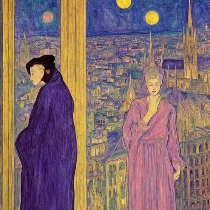 Image similar to woman in transparent vaporous night gown with demonic luminescent white apparition, with city with gothic cathedral seen from a window frame with curtains. night, vivid iridescent psychedelic colors, lamps. fra angelico, munch, egon schiele, henri de toulouse - lautrec, utamaro, monet, agnes pelton