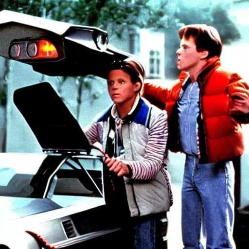 Image similar to a scene from the movie back to the future ( 1 9 8 5 ) starring tom holland and quentin tarantino