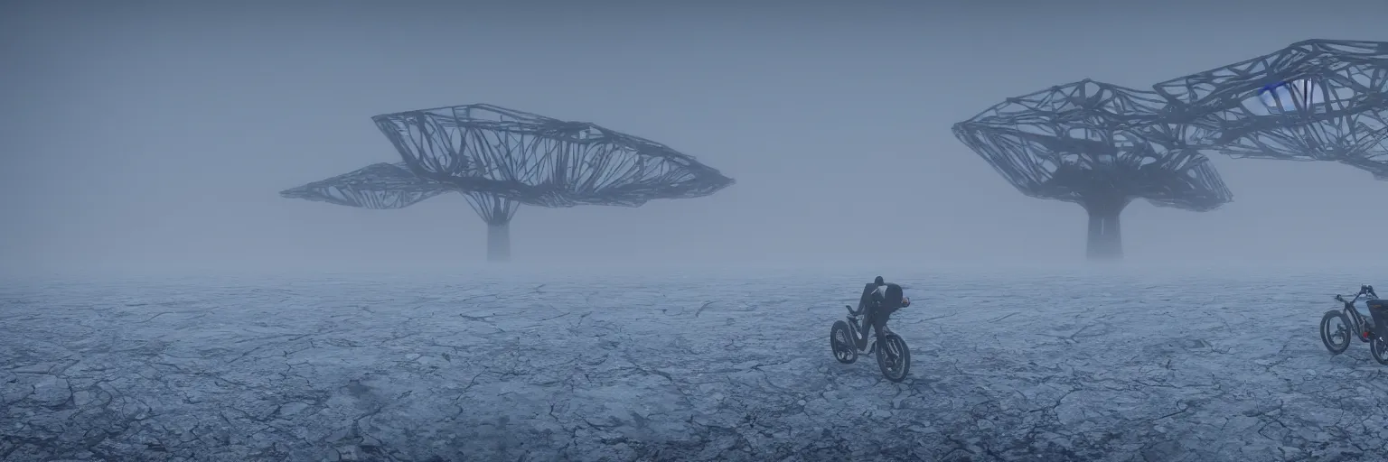 Image similar to desolated foggy cold landscape, tundra, fog , futuristic bike speeding, mountains with alien pylon outpost structure on top, fog, unreal engine 5, 4k, render, volumetric lighting, cinematic, hyperrealistic