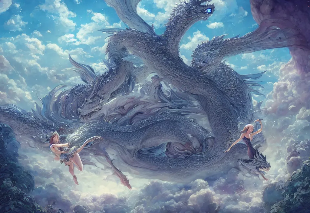 Image similar to the beautiful hyper detailed scene render that a beautiful girl lies in the arms of a huge silver dragon alone in the fairyland surrounded by white clouds, in the style of makoto shinkai victo ngai and peter mohrbacher studio ghibli artgerm karol bak beeple, animation style, 8 k hd, dream, ultra wide angle, animation style