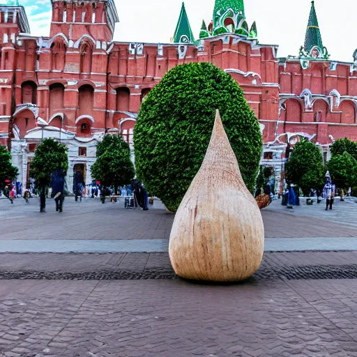 Prompt: symmetrical photo of giant coconut sculpture on red square, super wide shot, bokeh