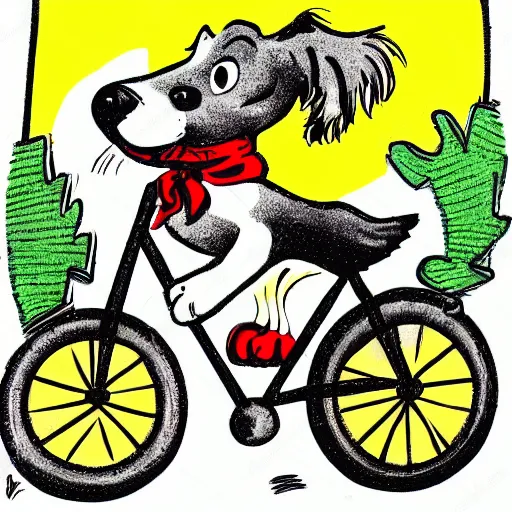 Image similar to illustration of a dog riding a bike in paris in the style of dr. seuss
