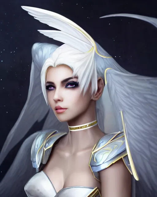 Prompt: perfect white haired egyptian queen wearing white dove wings, warframe armor, regal, attractive, ornate, sultry, beautiful, dreamy, half asian, pretty face, blue eyes, detailed, scifi platform, 4 k, ultra realistic, epic lighting, android body, illuminated, cinematic, masterpiece, art by akihito tsukushi, voidstar, artgerm