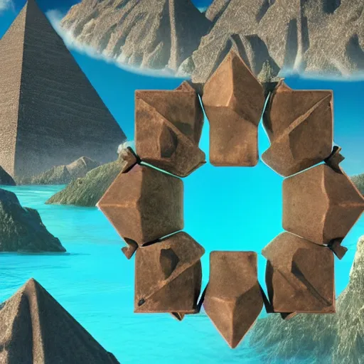 Prompt: hexagonal tower with pyramid on desolate island, surrounded by wall, long bridge, cinematic