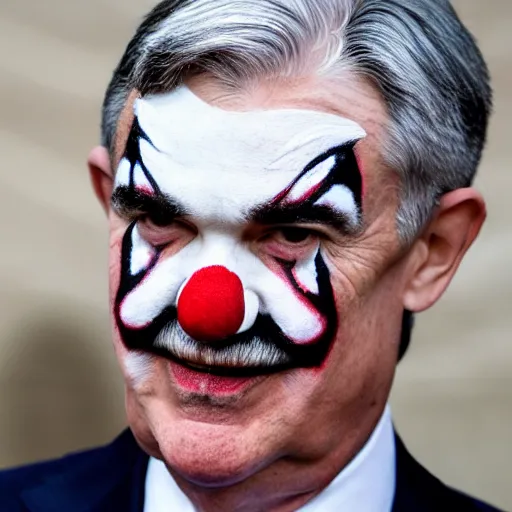 Image similar to photo of Jerome Powell with whiteface clown makeup using a flamethrower