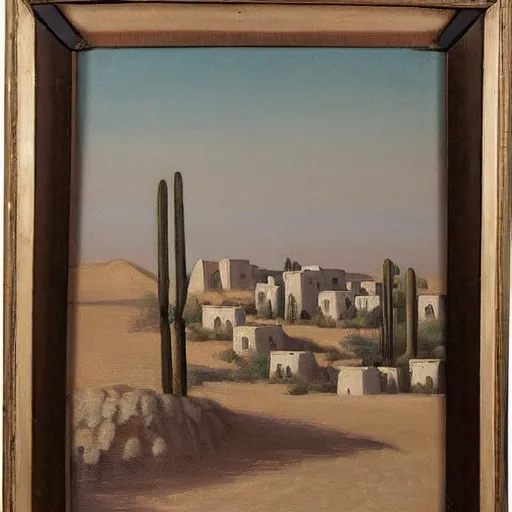 Prompt: a beautiful painting of a village in the desert, white houses, two suns