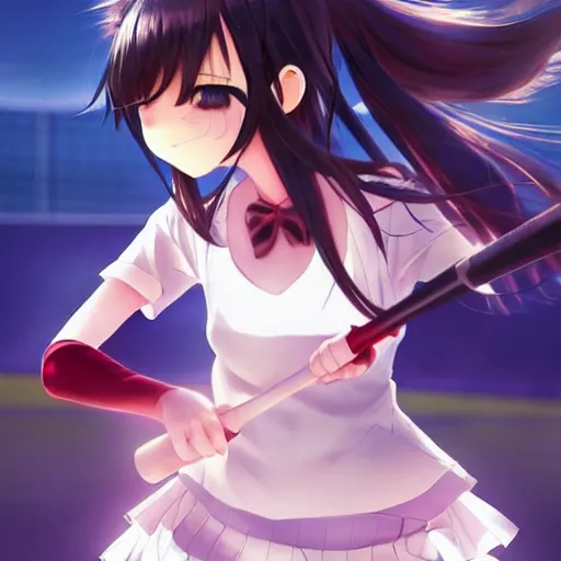 Image similar to this is the most beautiful anime girl playing baseball in the most beautiful artwork of the most beautiful anime girl playing baseball!, artstation!! pixiv!!, scenery art detailed, volumetric lighting, by range murata