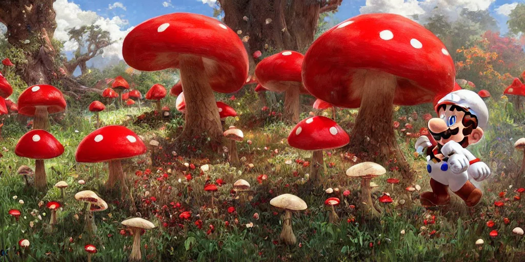 Image similar to Super Mario walking through the Mushroom Kingdom, Super Mario Theme, hundreds of red and white spotted mushrooms, by Stanley Artgerm Lau , greg rutkowski, thomas kindkade, alphonse mucha, loish, norman Rockwell