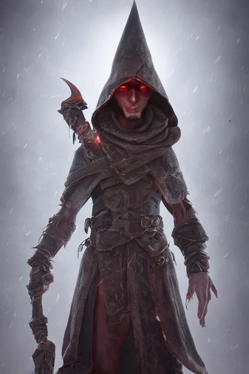 Image similar to highly detailed full body character art of a high fantasy cyclops wizard eyes covered by a pointy mage hat, full body, highly detailed, photo realistic, dark fantasy atmosphere, foggy, 8 k, octane render, unreal engine