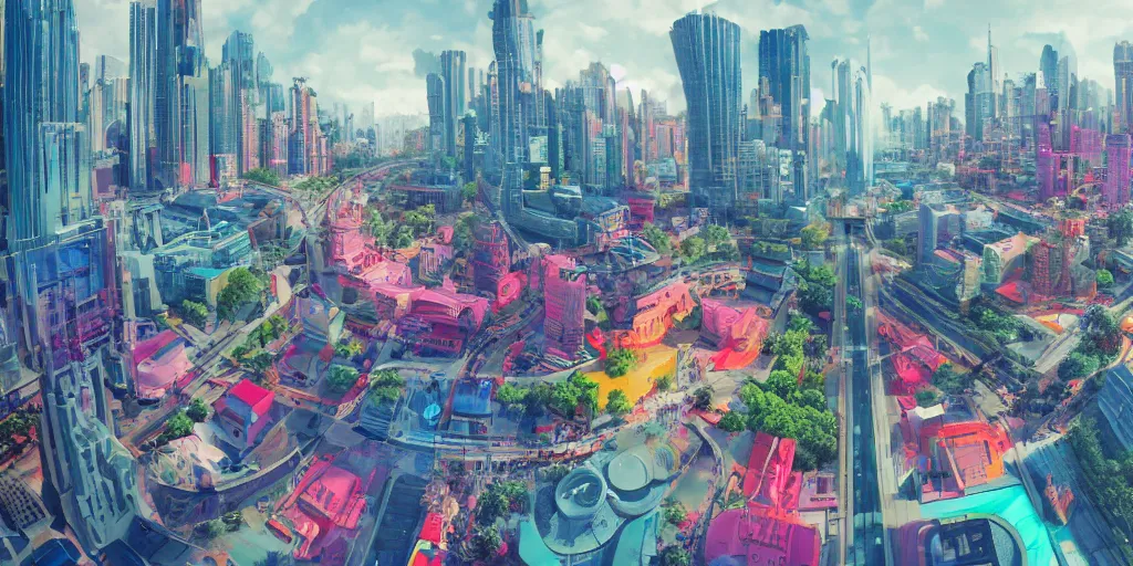 Prompt: Bustling vivid utopian city reimagined by Max Hay, fisheye lens!!!, 100mm photography, trending on artstation, 4k, 8k, lens distortion, chromatic aberration, soft focus blur, photorealistic imagery, photorealistic details, intricate, highly detailed, artstation 3d, artstation render, artstation 3d render, 3d art, unreal engine 3d, octane 3d, blender 3d, 3d landscape