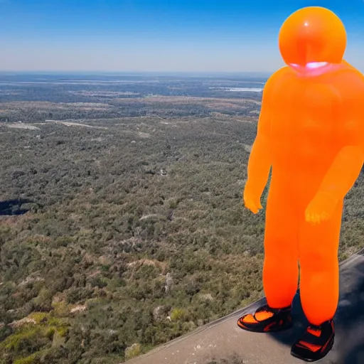 Image similar to photo of a giant orange colored glowing transparent humanoid of one thousand feet of height