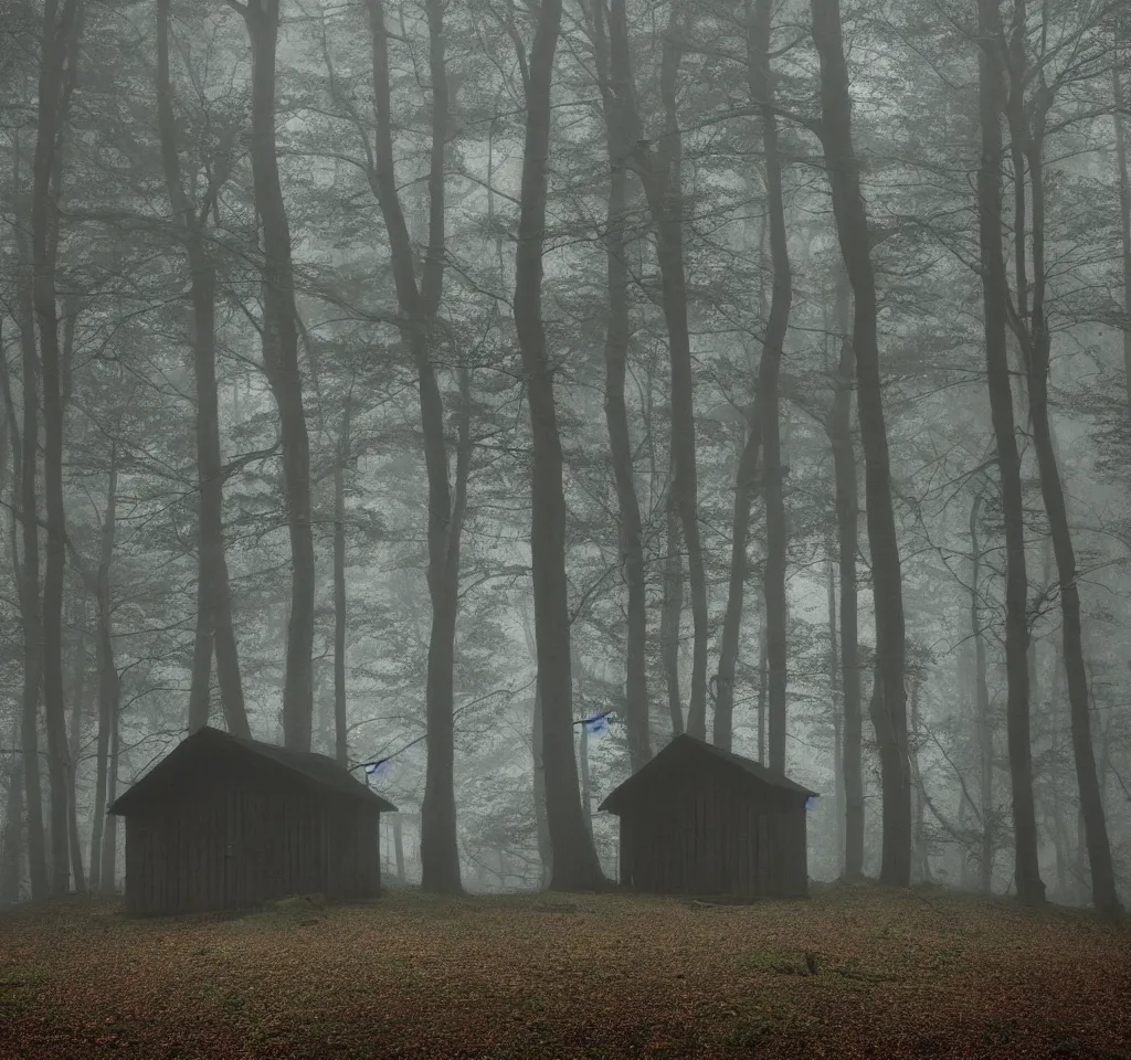 Prompt: mysterious cabin in the woods, dark, fog, by bagshaw tom