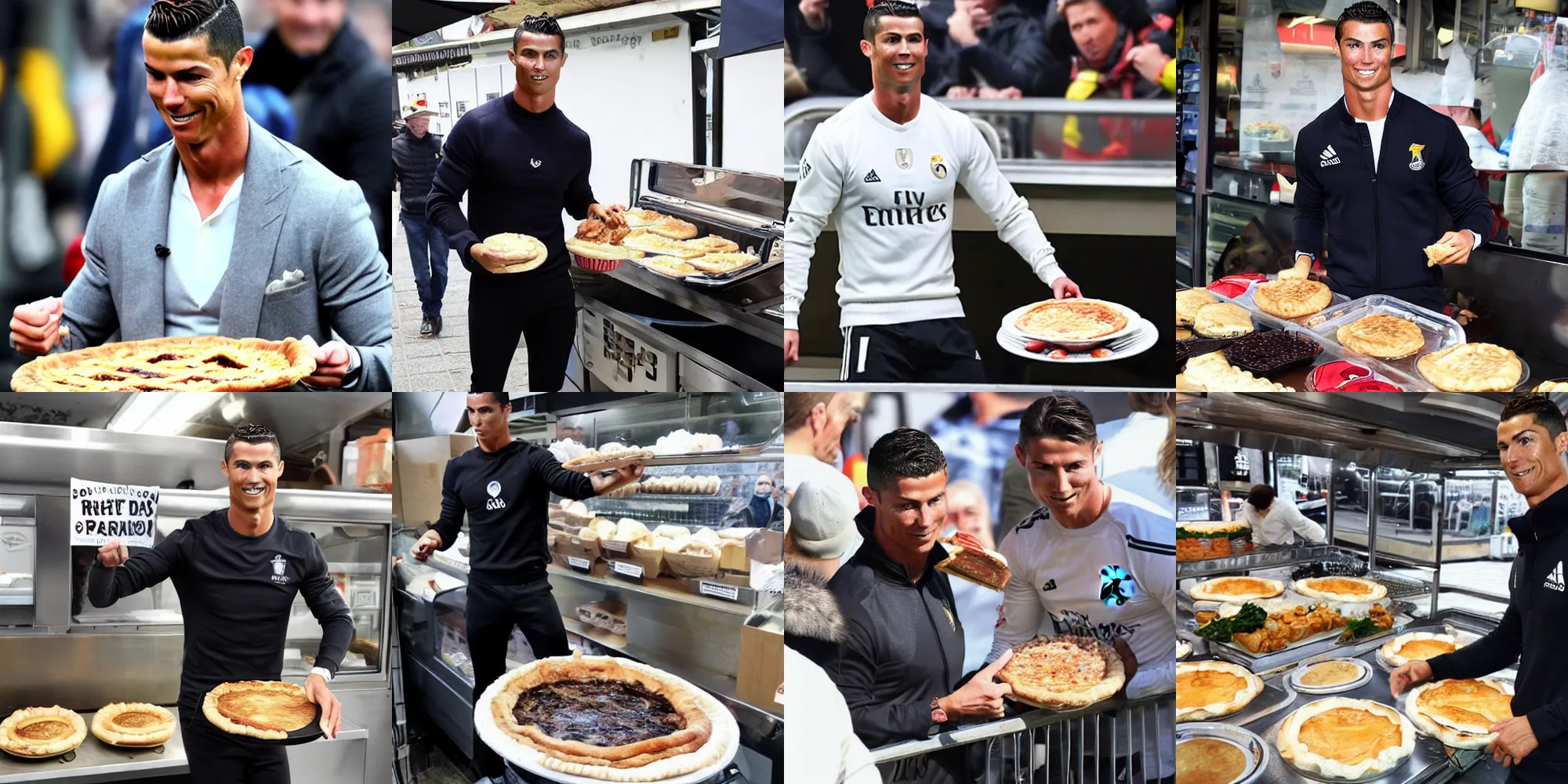 Prompt: Cristiano Ronaldo sells pies on the market
