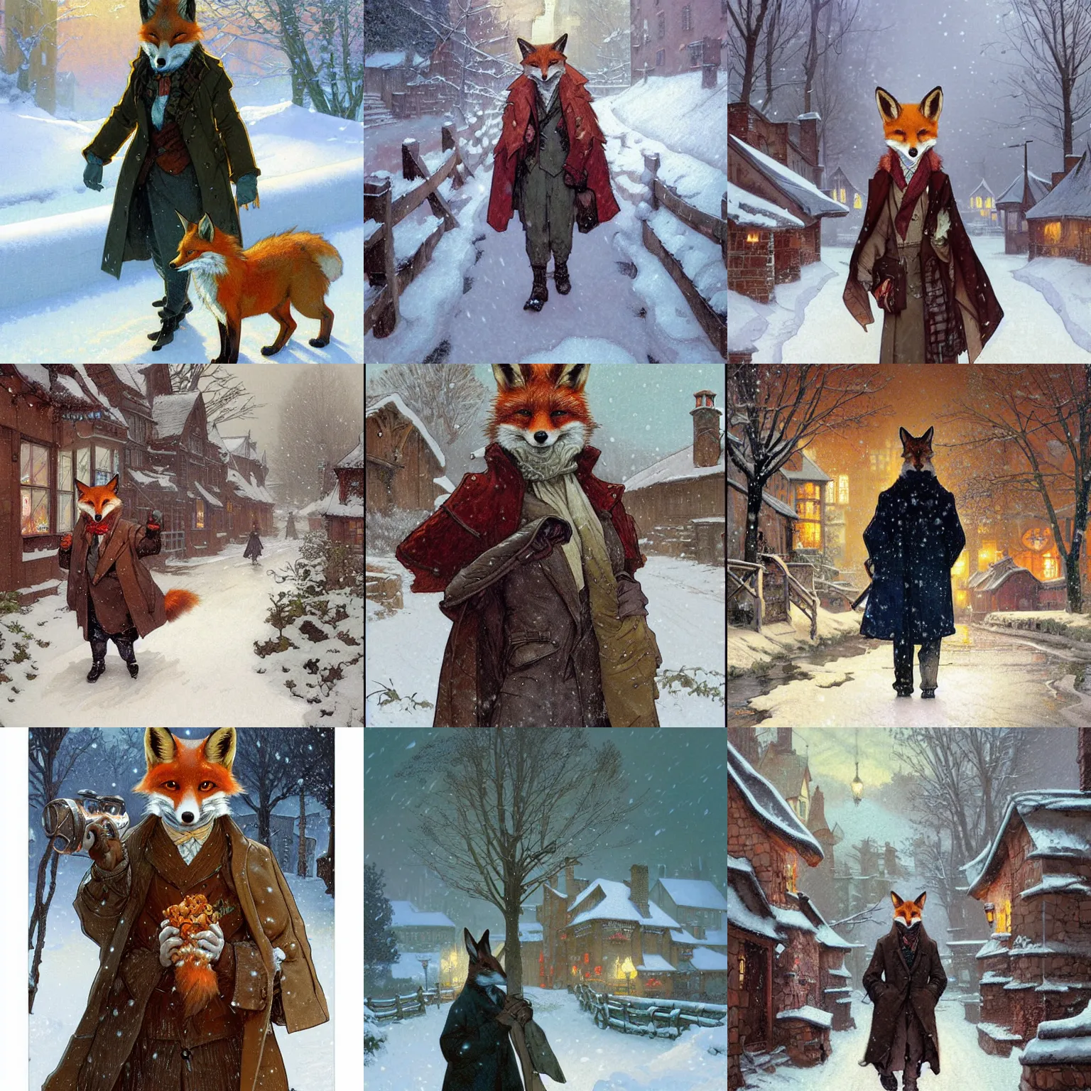 Prompt: an anthropomorhpic fox wearing a long coat in a snowy village, character illustration by greg rutkowski, thomas kinkade, alphonse mucha, norman rockwell